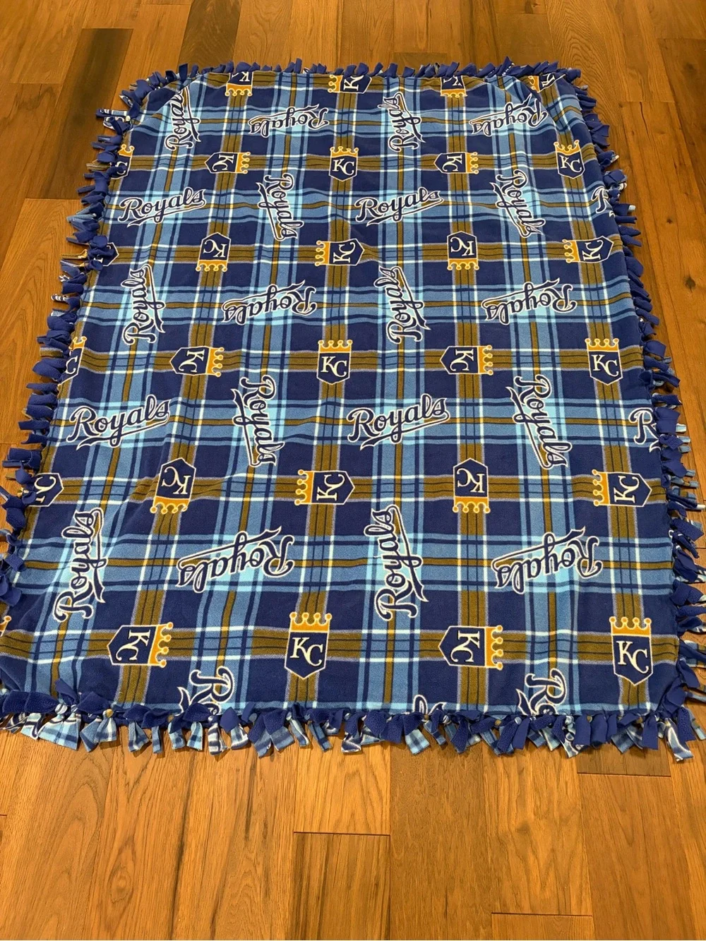 Kansas City Royals MLB Fleece Tie Blanket Plaid Royal Blue Handmade Large 48x70